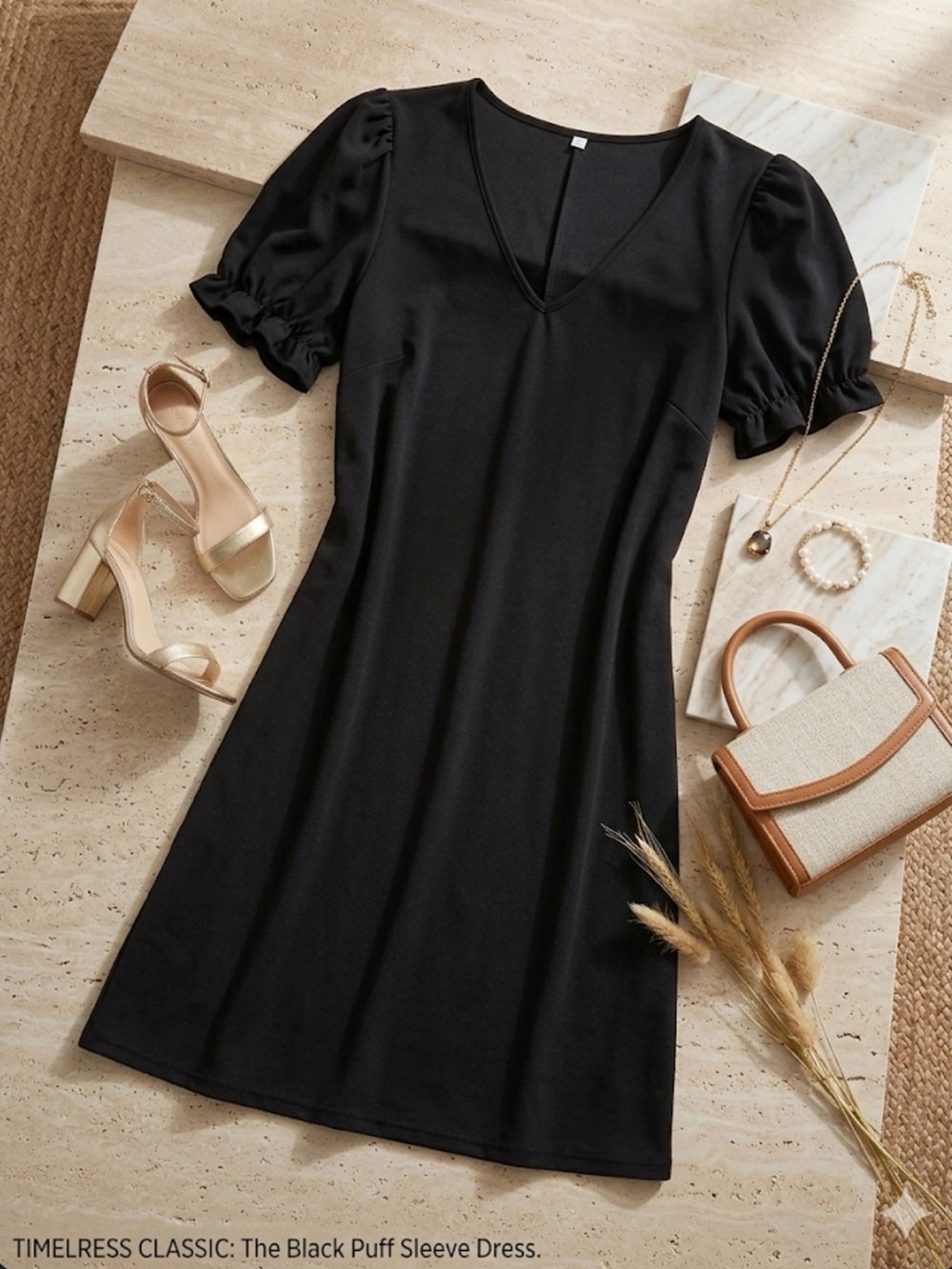 Amazon Black V-Neck Puff Sleeve Tunic Dress